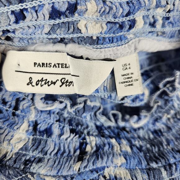 & OTHER STORIES Smocked A-Line Blouse Blue Floral Cottage Boho Chic Sheer Size 4 - Picture 11 of 14